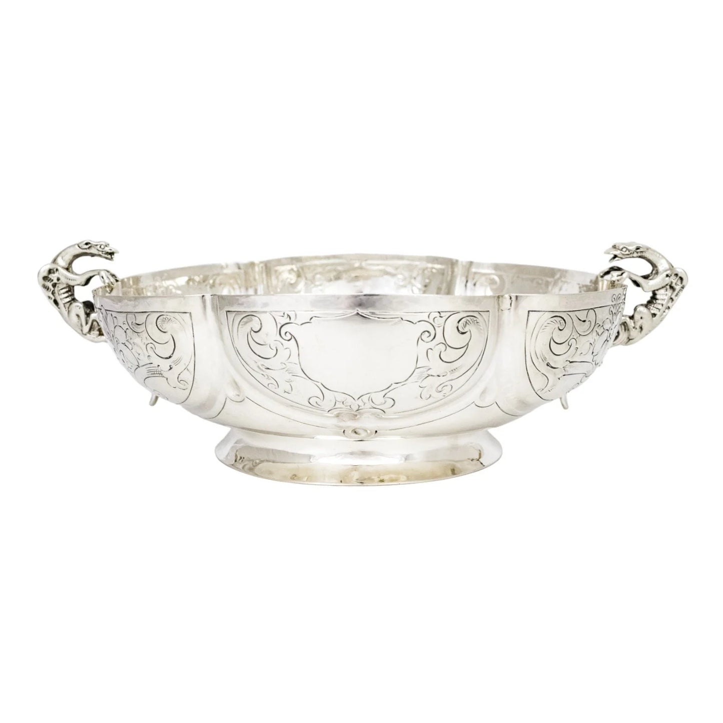 Georgian sterling silver lobed embossed fruit bowl with flying dog handles