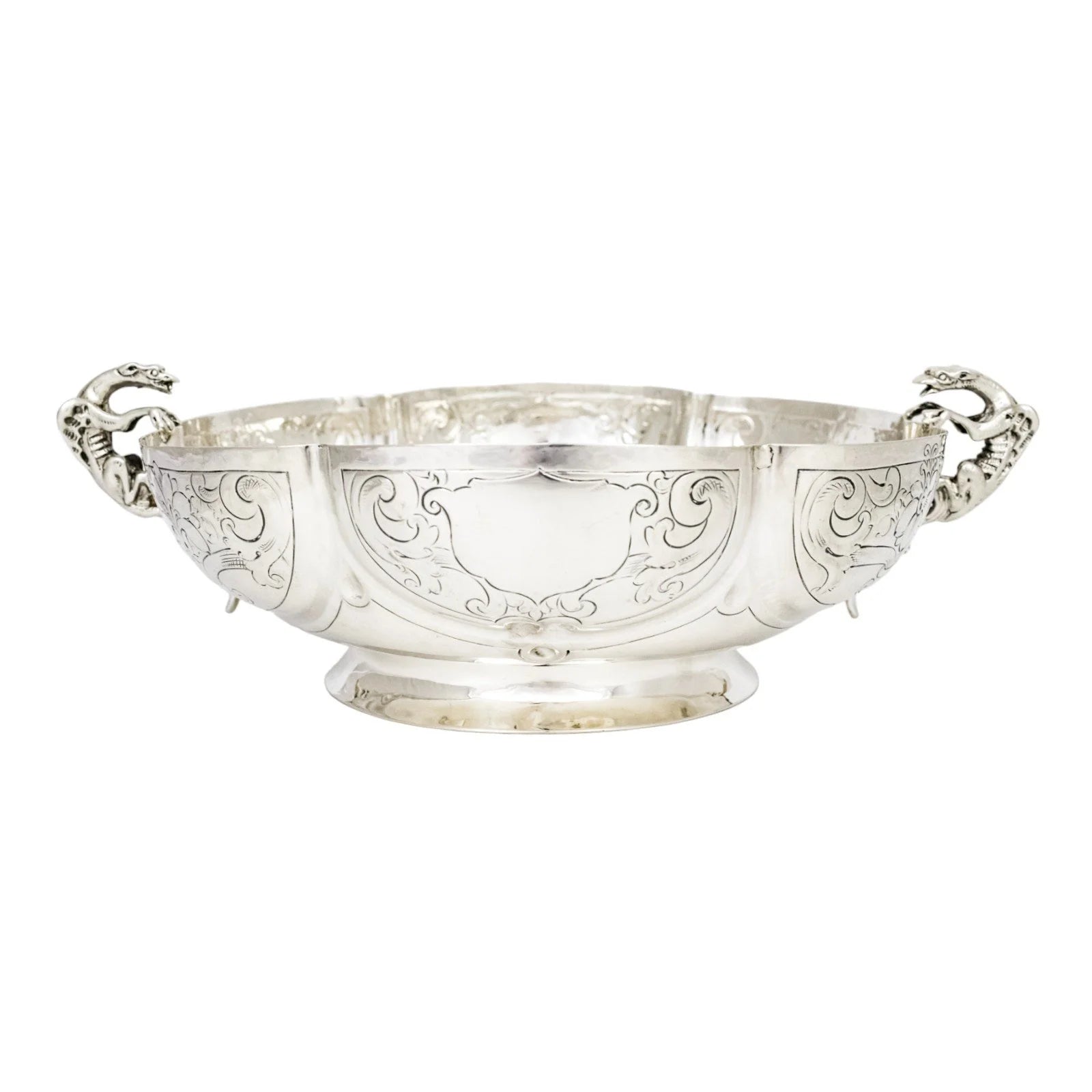 Georgian sterling silver lobed embossed fruit bowl with flying dog handles