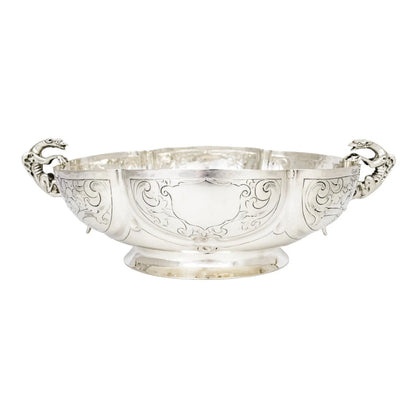 Georgian sterling silver lobed embossed fruit bowl with flying dog handles