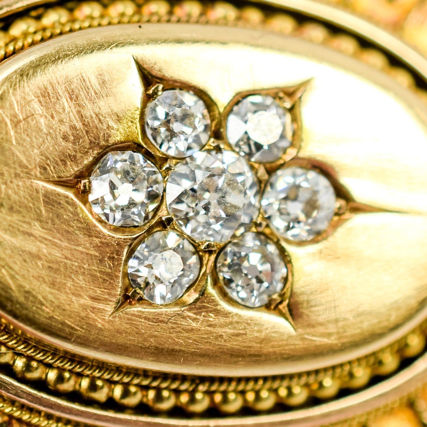 Victorian Etruscan Revival 15ct gold locket brooch, 0.6ct Old-cut diamonds, 13.22g