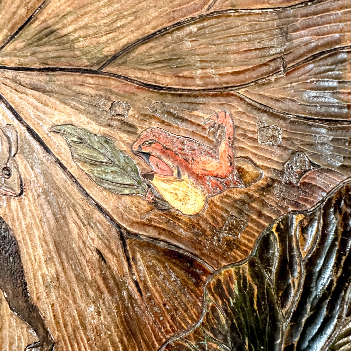 Japanese Arts & Crafts fruitwood sake tray for Liberty of London, frog wrestling a mouse