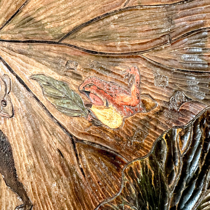 Japanese Arts & Crafts fruitwood sake tray for Liberty of London, frog wrestling a mouse