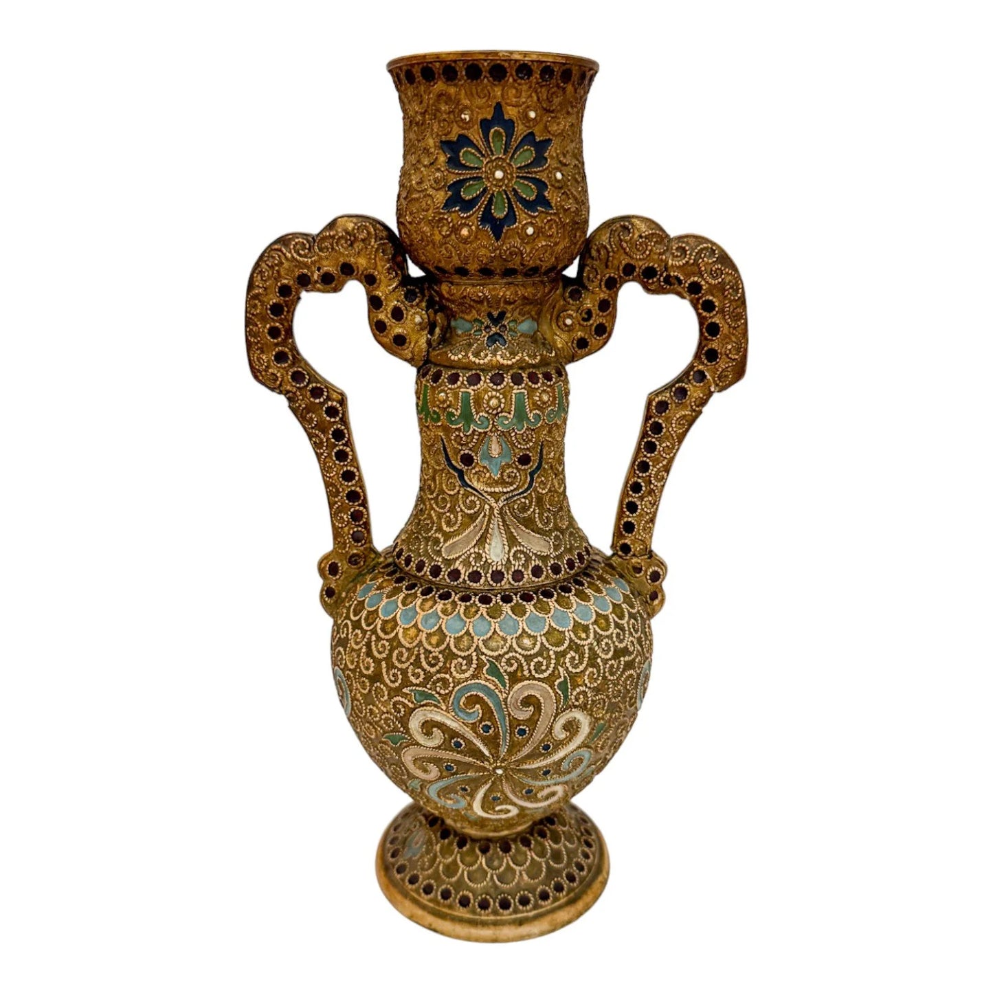 Victorian 1890's Wilhelm Schiller & Sohn twin-handled pottery vase in Islamic style