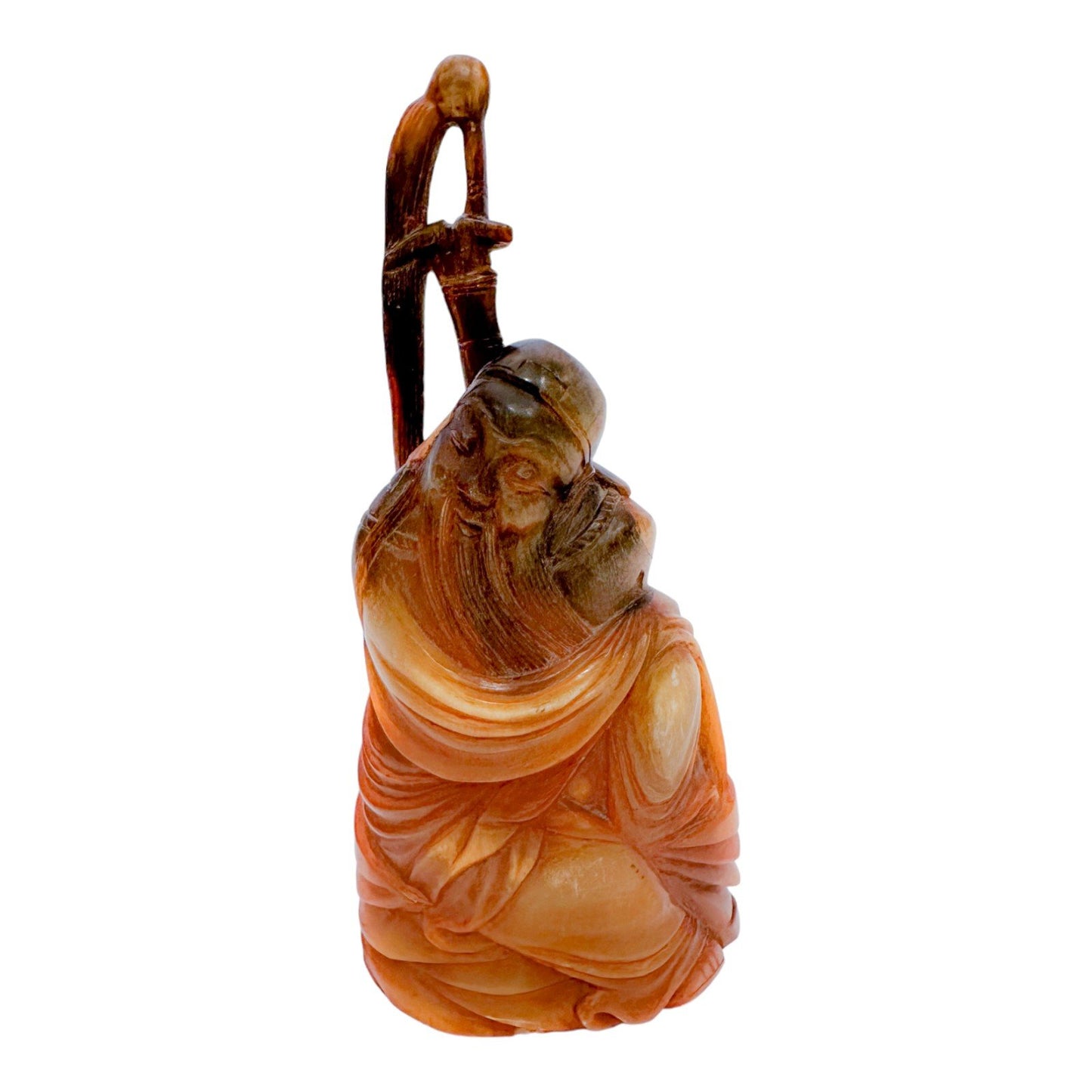 Antique Chinese pair of Immortals / Deities carved in buffalo horn, holding a staff and a lotus flower