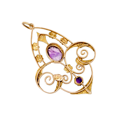 Art Nouveau lavalier amethyst pearl pendant 9ct yellow gold