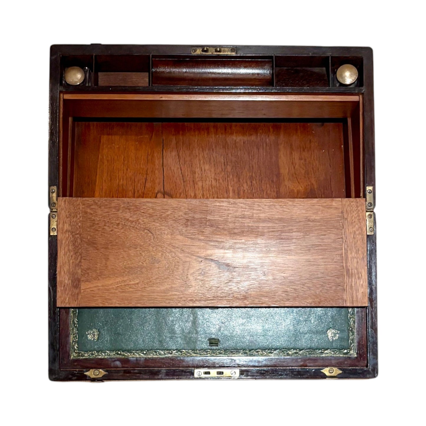 Victorian mahogany writing slope, secret drawers, working key