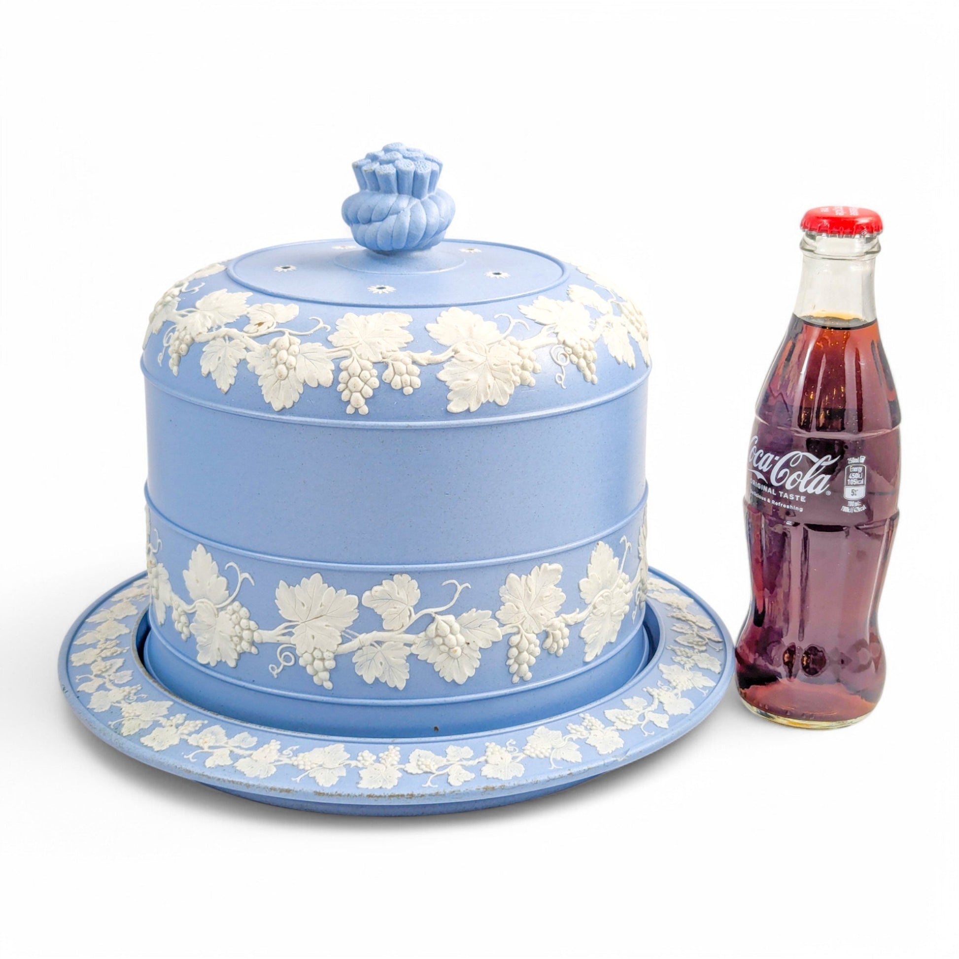 Antique English Wedgwood style blue jasperware cheese dome and stand with grapevine decoration, 19th century