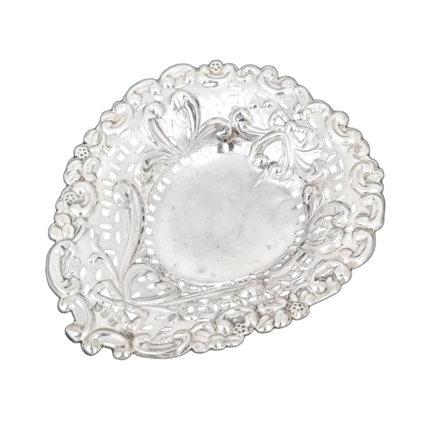 Victorian sterling silver heart-shaped bonbon dish with bows