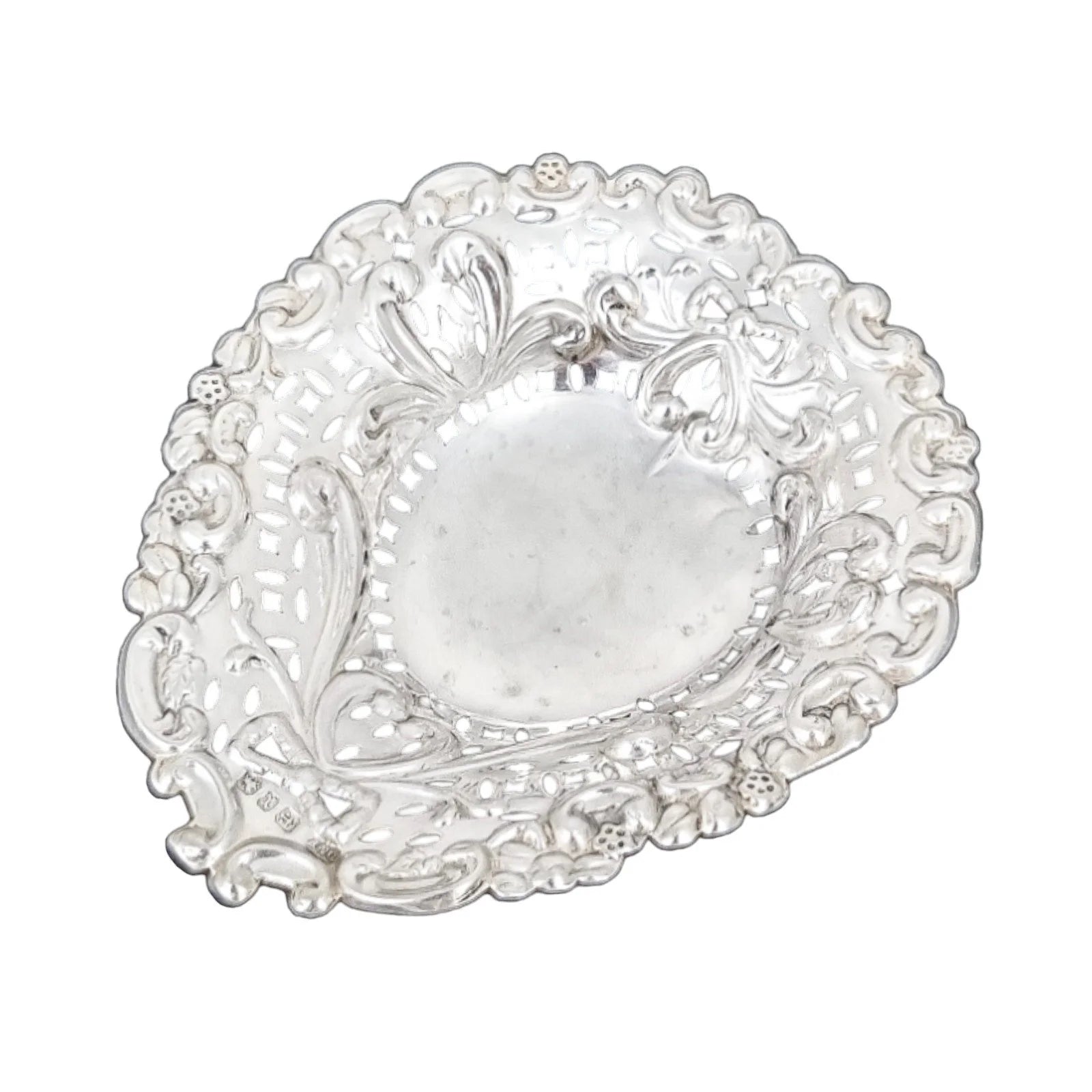 Victorian sterling silver heart-shaped bonbon dish with bows