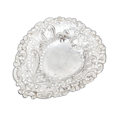 Victorian sterling silver heart-shaped bonbon dish with bows