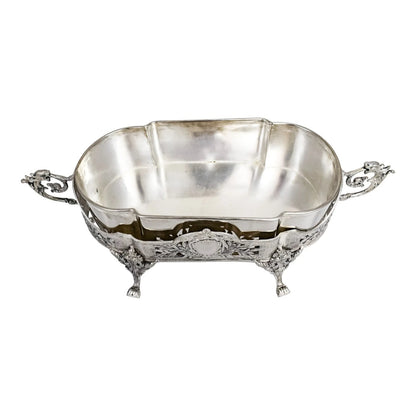 Portuguese Art Nouveau silver plated oval jardinière planter with dragon handles