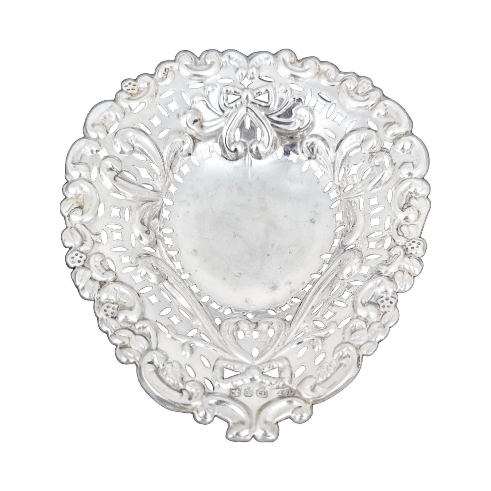 Victorian sterling silver heart-shaped bonbon dish with bows