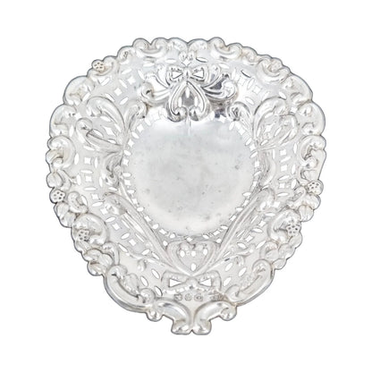 Victorian sterling silver heart-shaped bonbon dish with bows