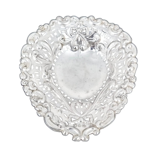 Victorian sterling silver heart-shaped bonbon dish with bows