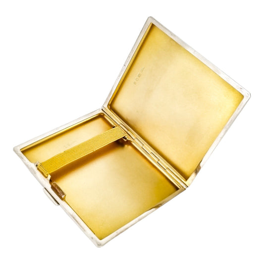 Art Deco gilt sterling silver engine-turned square cigarette / card case, S J Rose & Son