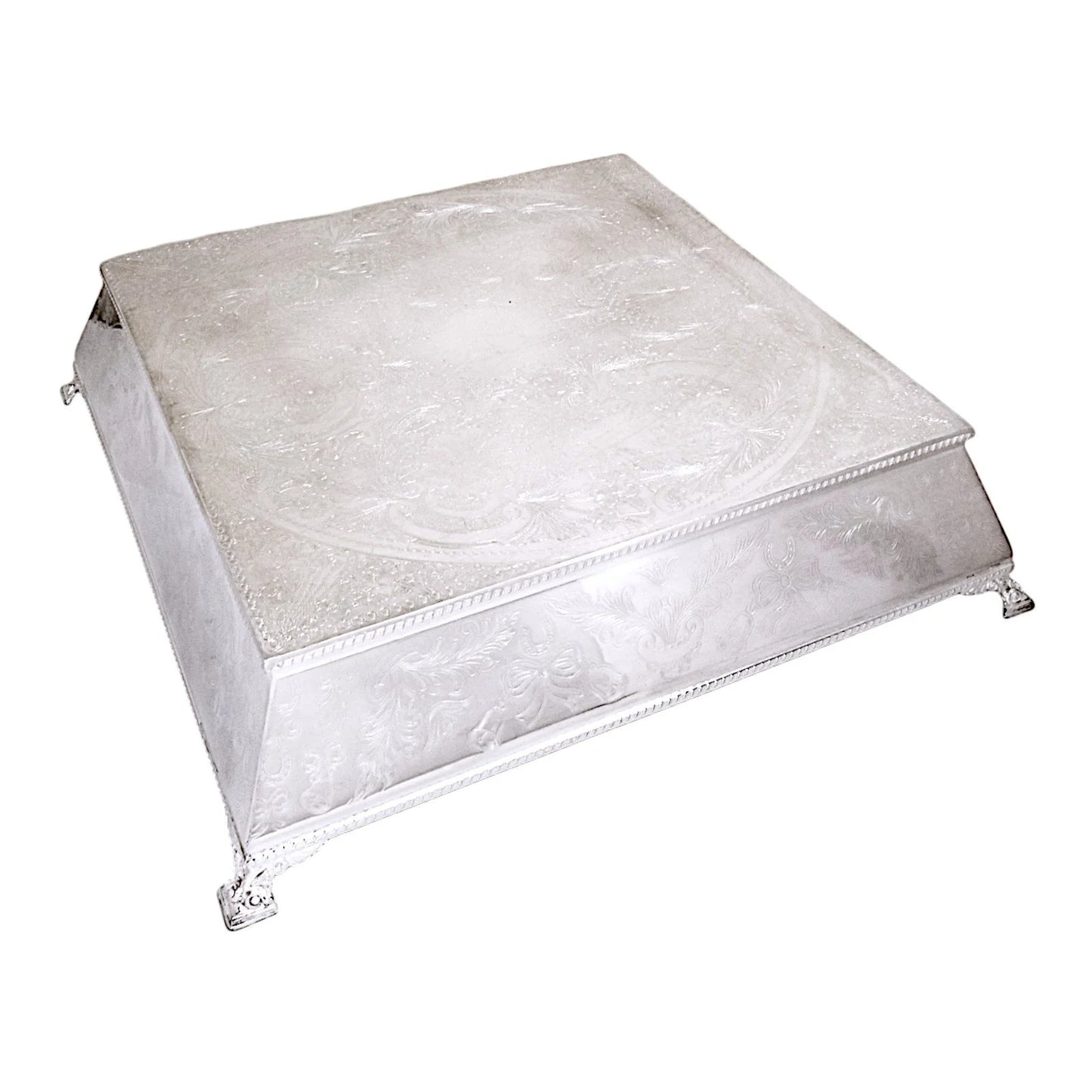 Huge vintage silver plated wedding cake stand engraved with bows, bells and horseshoes