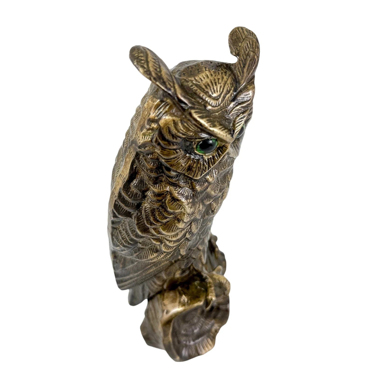 Antique Austrian bronze sculpture / figure of long-eared owl on log