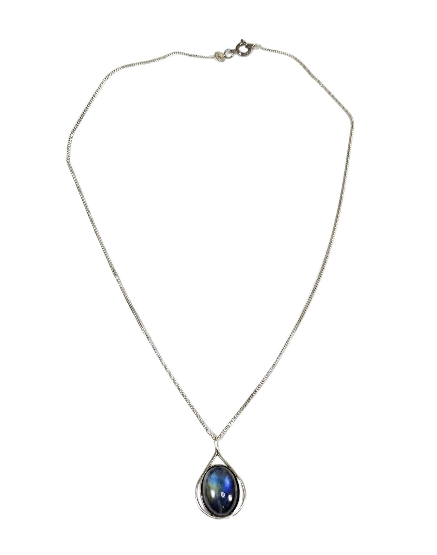 Vintage sterling silver labradorite teardrop pendant necklace on curb chain