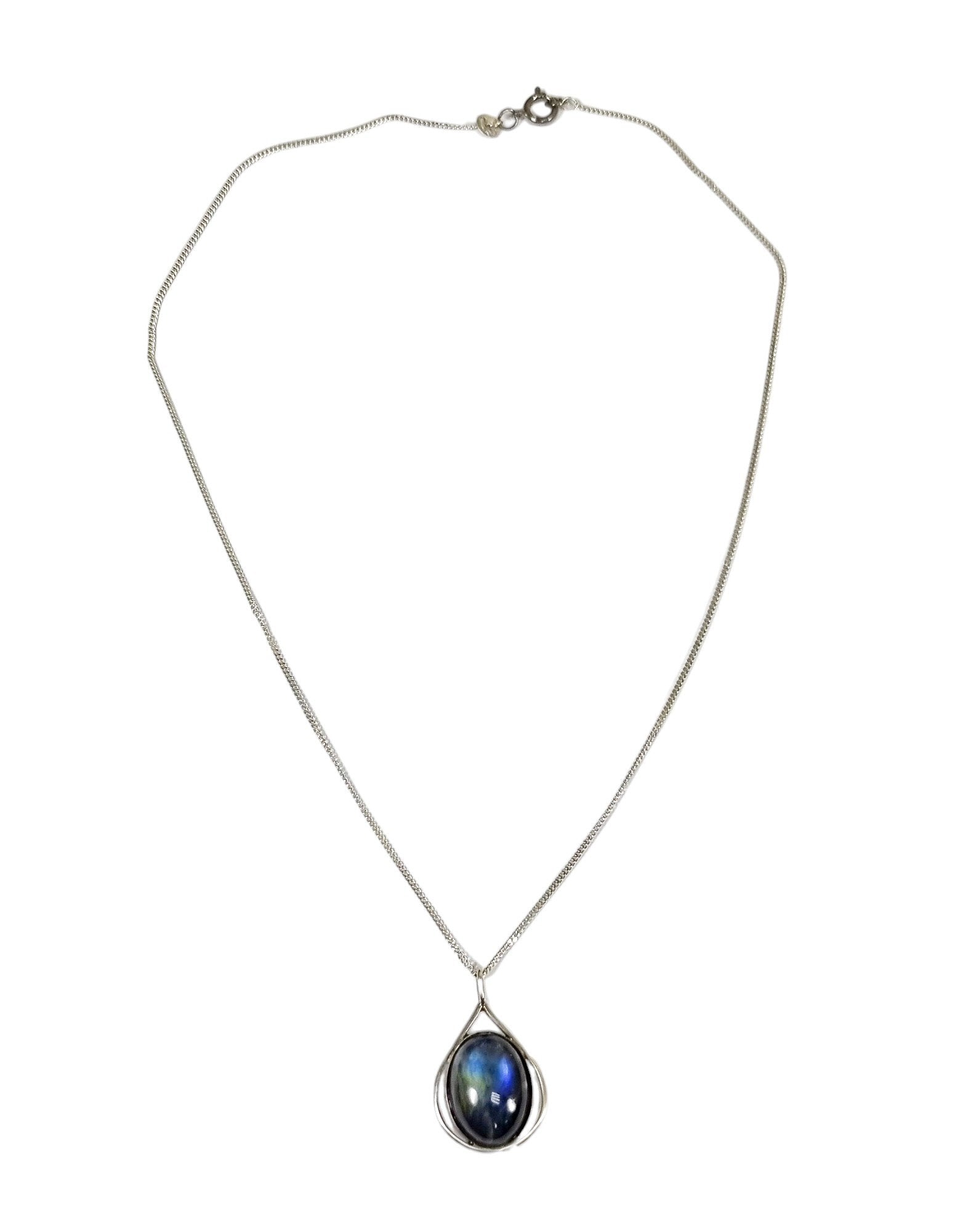 Vintage sterling silver labradorite teardrop pendant necklace on curb chain