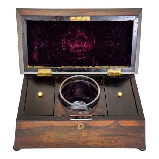 William IV rosewood sarcophagus tea caddy with mixing bowl and interior lids