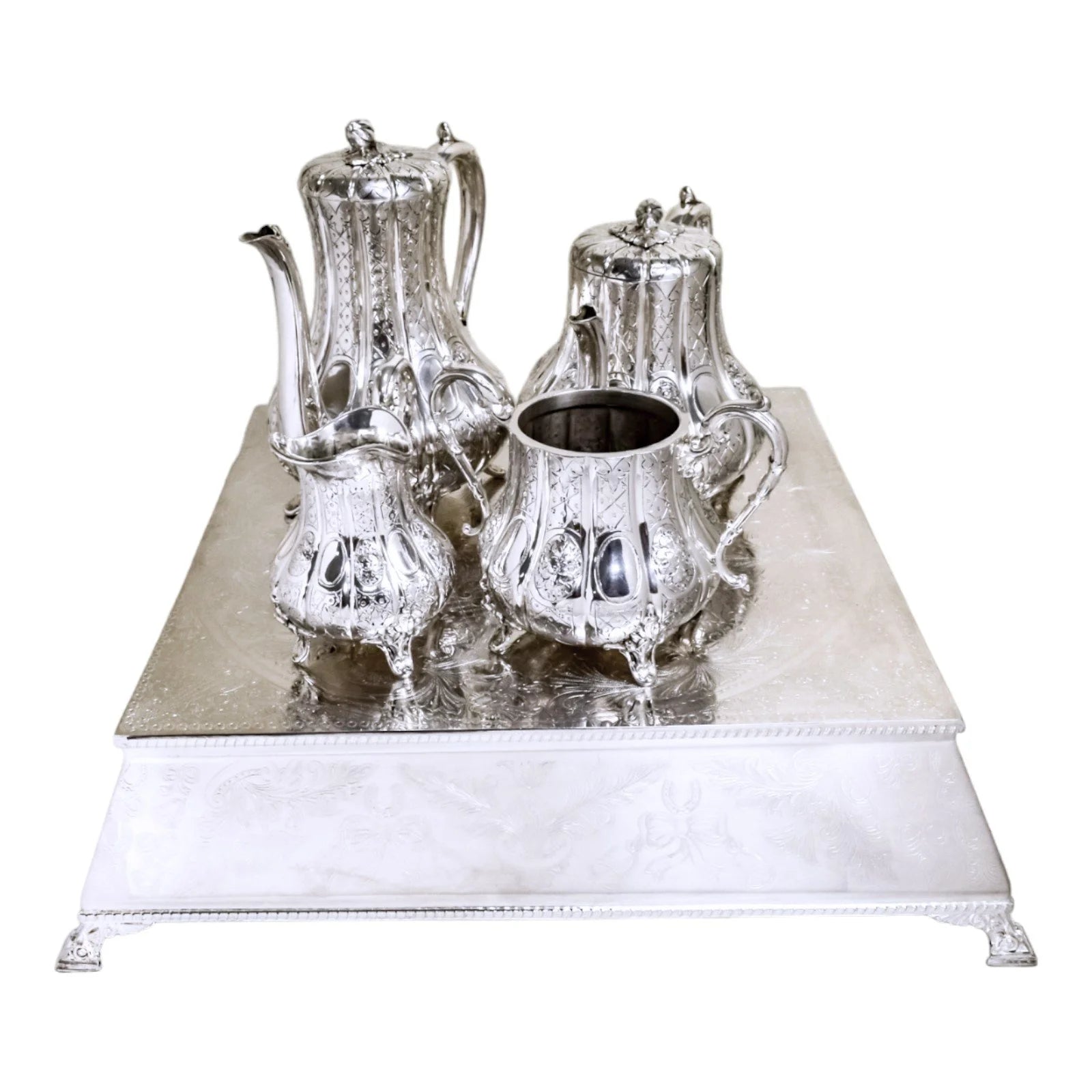 Huge vintage silver plated wedding cake stand engraved with bows, bells and horseshoes