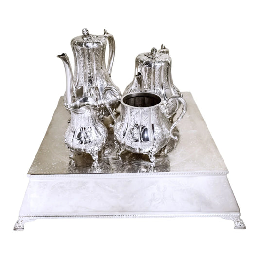 Huge vintage silver plated wedding cake stand engraved with bows, bells and horseshoes