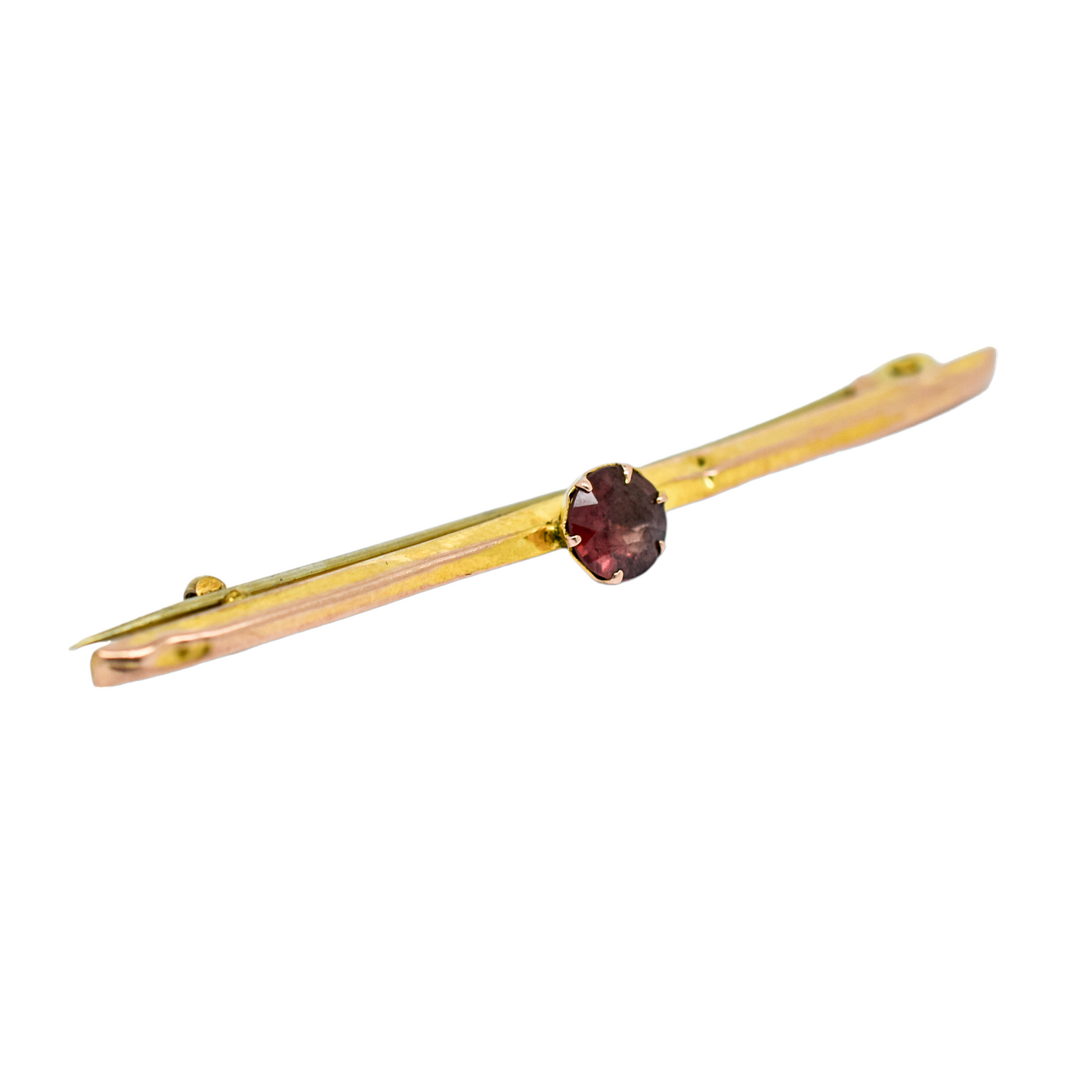 Victorian 9ct yellow gold bar pin brooch with solitaire red Bohemian garnet