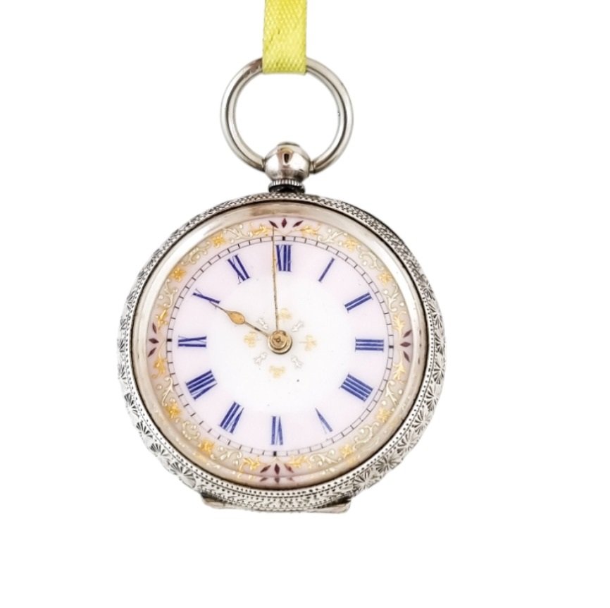 Working late 19th century Swiss 935 silver & enamel ladies pocket watch