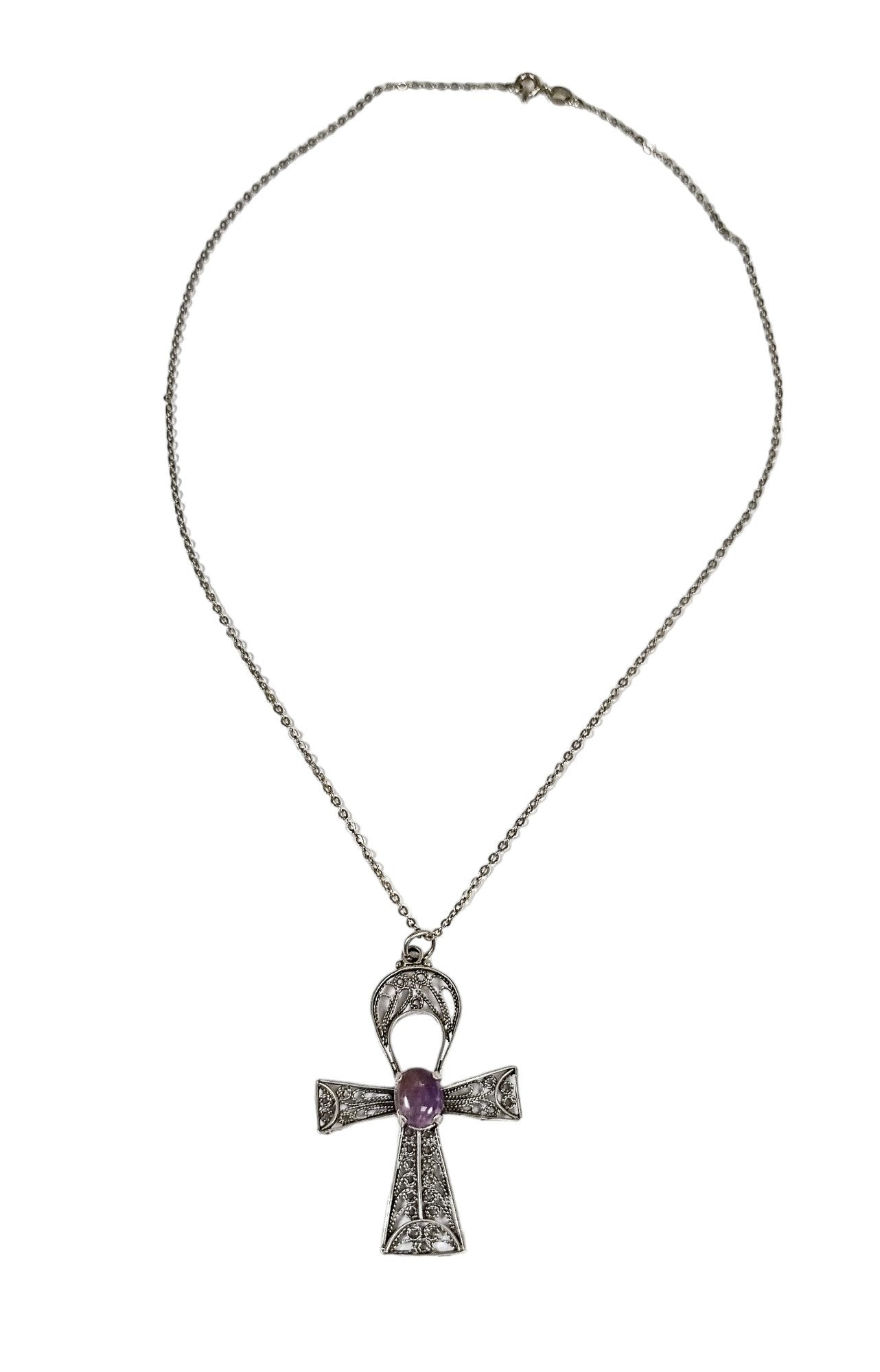 Sterling silver filigree cannetille large Egyptian cross Ankh amulet with fluorite