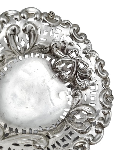 Victorian sterling silver heart-shaped bonbon dish with bows