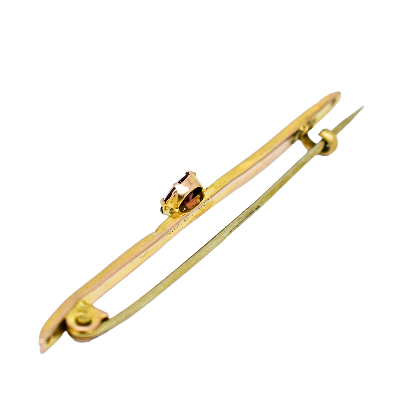 Victorian 9ct yellow gold bar pin brooch with solitaire red Bohemian garnet