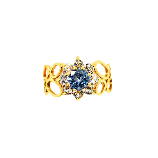 Vintage 1970's 9ct gold open-work spinel dress ring floral halo cluster, size O ½