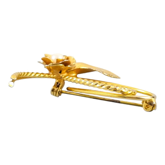 1960's gold plated floral sprig brooch with imitation pearl and burnished matte finish