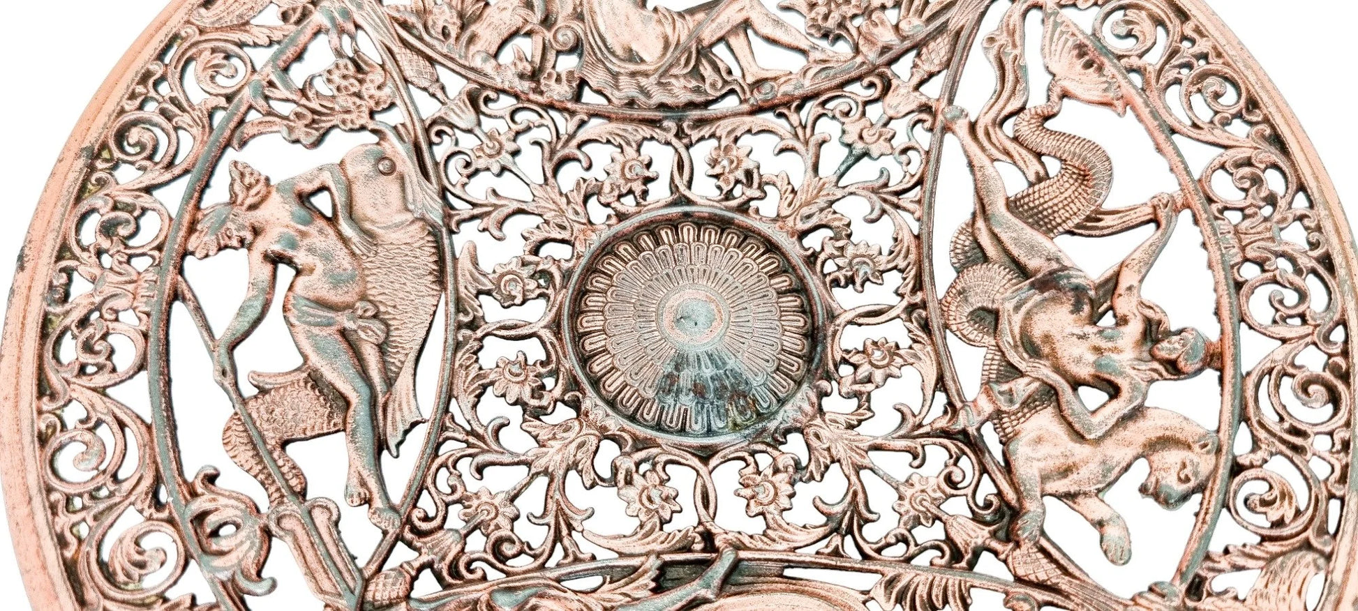 Victorian Coalbrookdale iron copper pierced fruit dish with Greek sea gods