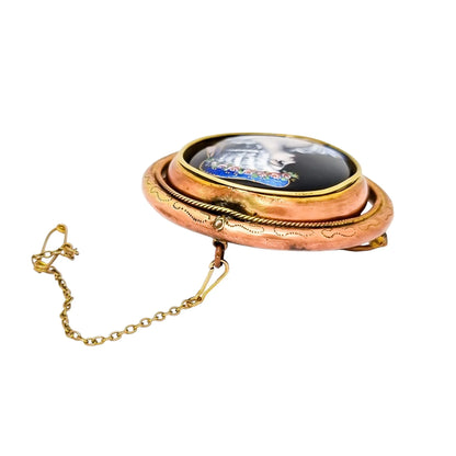 Antique large Limoges enamel Email d'Art portrait of lady swivel brooch signed "GH"