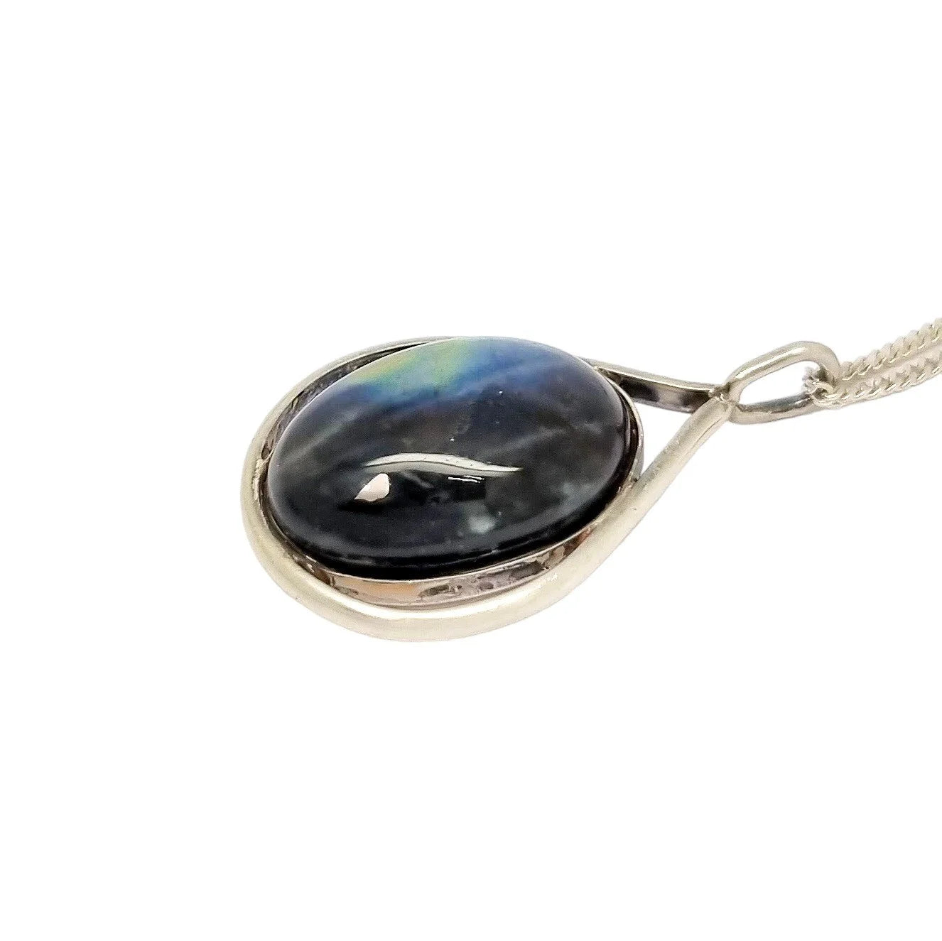 Vintage sterling silver labradorite teardrop pendant necklace on curb chain