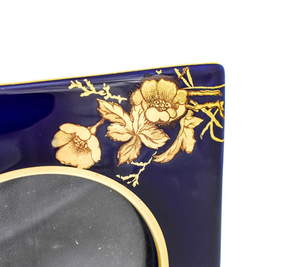 Arts & Crafts Limoges porcelain cobalt blue picture frame, gilded flowers and butterfly