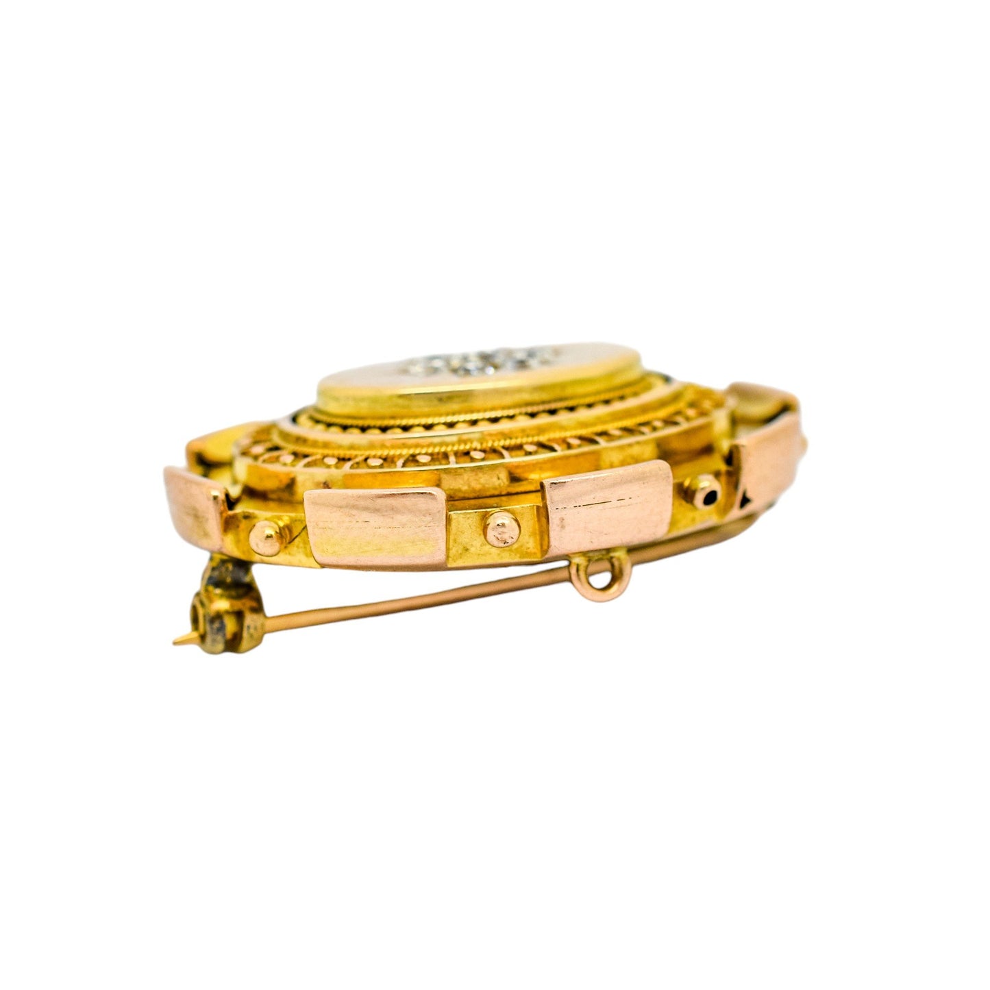 Victorian Etruscan Revival 15ct gold locket brooch, 0.6ct Old-cut diamonds, 13.22g