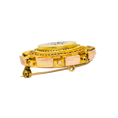 Victorian Etruscan Revival 15ct gold locket brooch, 0.6ct Old-cut diamonds, 13.22g
