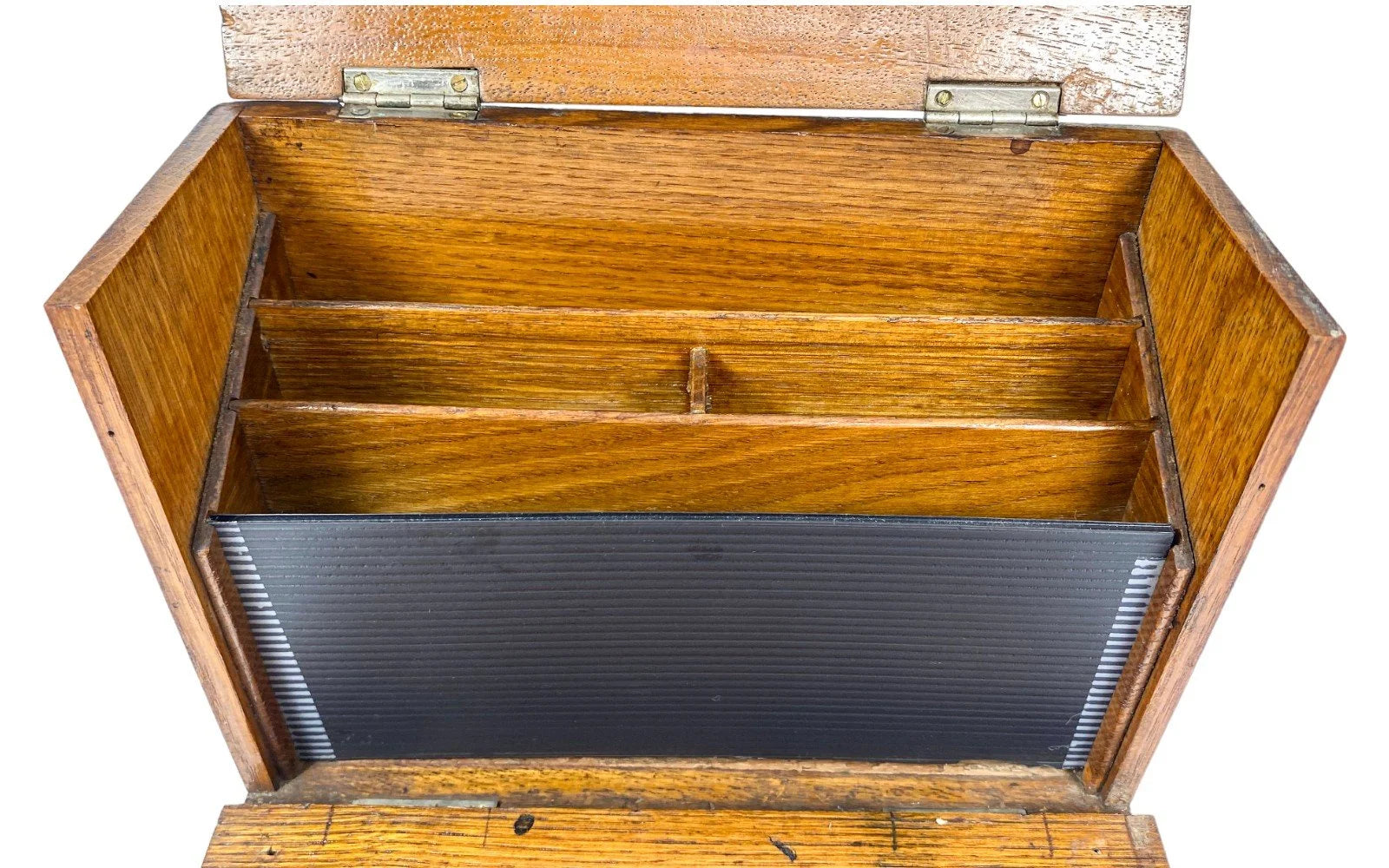 Victorian stationery letter correspondence oak box with 3 compartments and pen holder