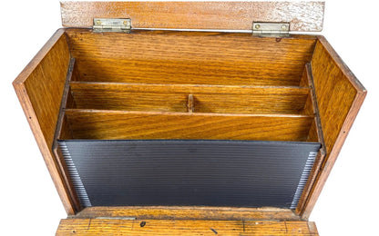 Victorian stationery letter correspondence oak box with 3 compartments and pen holder