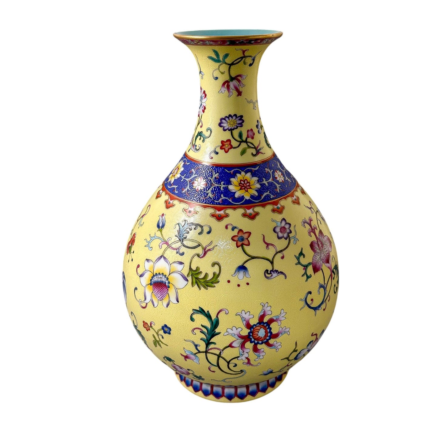 Chinese Guangxu yellow ground Yangcai floral Yuhuchunping porcelain vase in Qianlong style