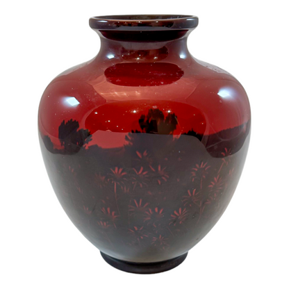 Art Deco pair red flambe porcelain urns, Charles Noke for Royal Doulton