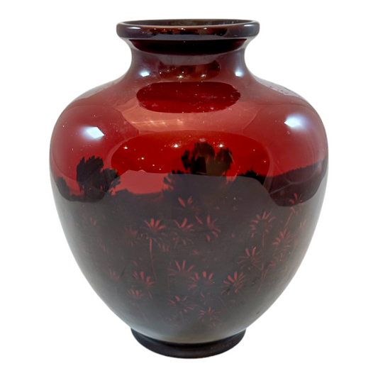 Art Deco pair red flambe porcelain urns, Charles Noke for Royal Doulton