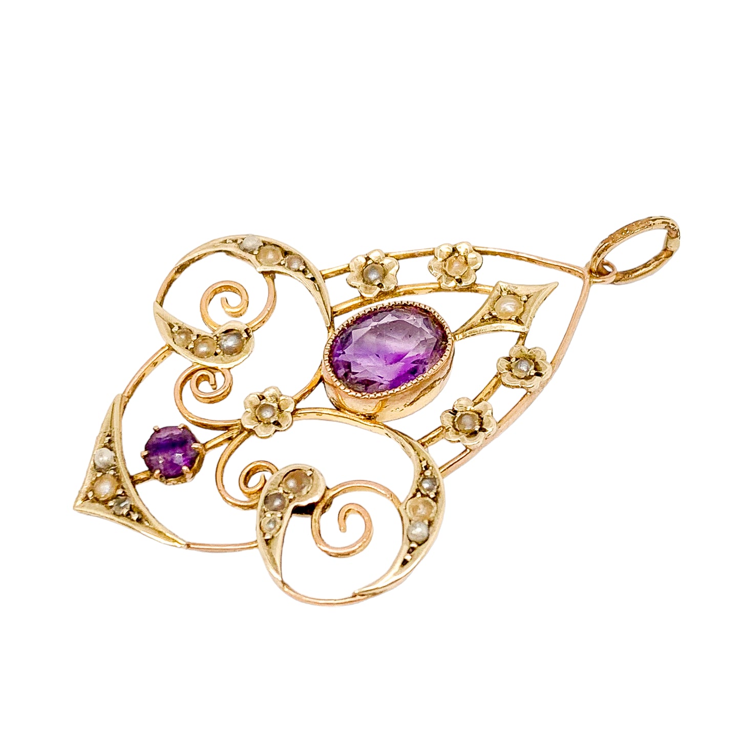 Art Nouveau lavalier amethyst pearl pendant 9ct yellow gold