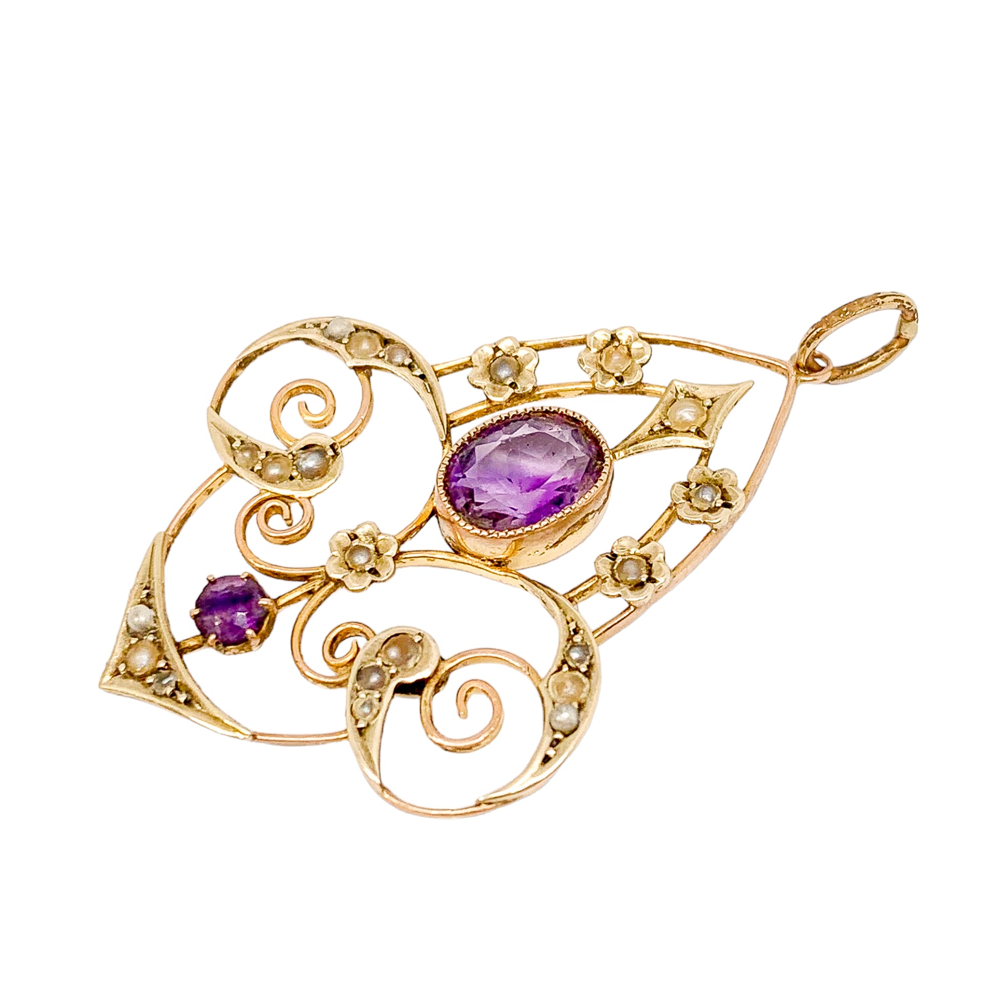 Art Nouveau lavalier amethyst pearl pendant 9ct yellow gold