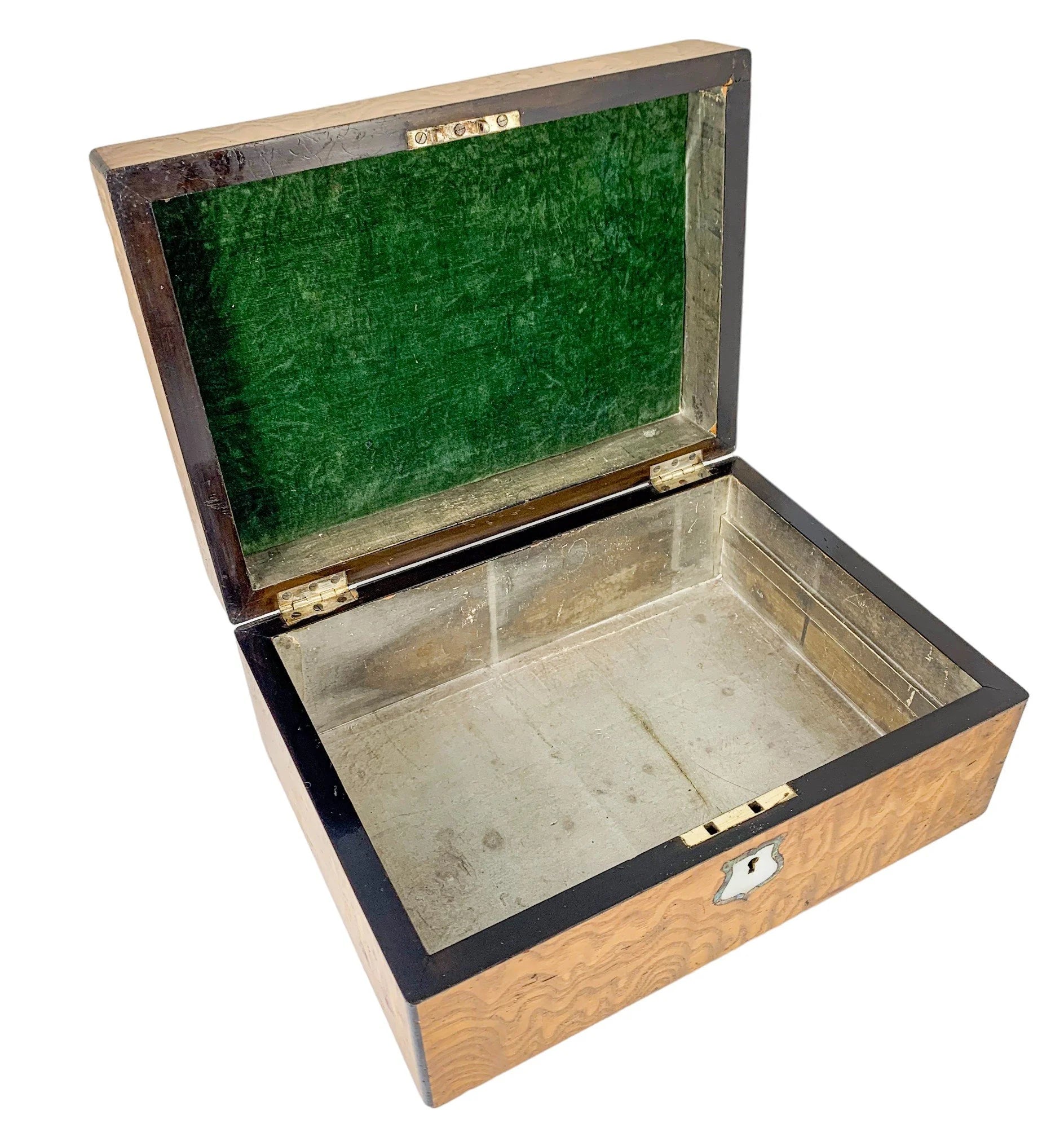 Victorian burr walnut jewellery workbox with lift-out tray and mother of pearl escutcheon