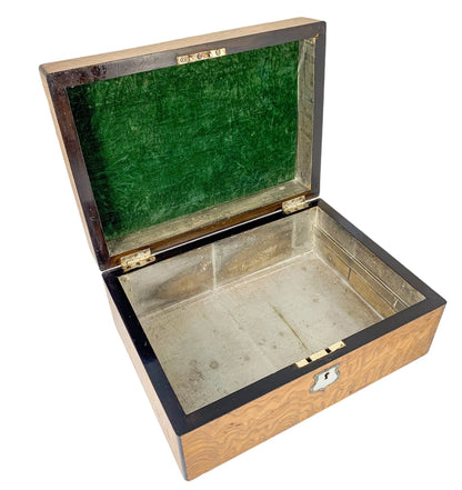 Victorian burr walnut jewellery workbox with lift-out tray and mother of pearl escutcheon