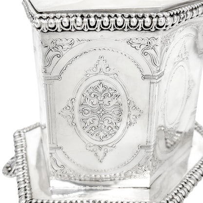 Victorian Neoclassical 6-sided silver-plated biscuit barrel on cast feet with egg-and-dart trim