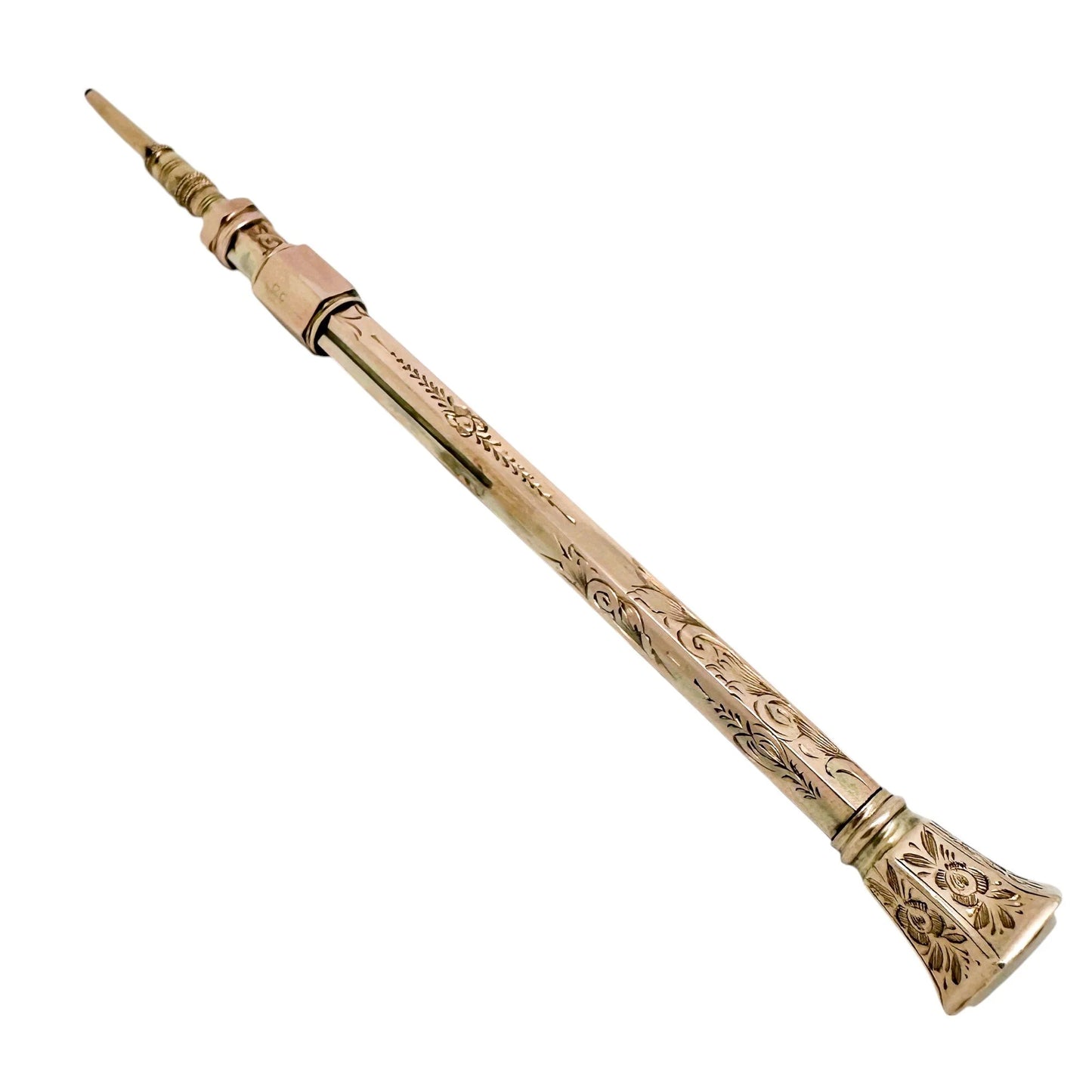 Victorian 9ct rose gold agate seal top hexagonal propelling pencil, engraved with flowers